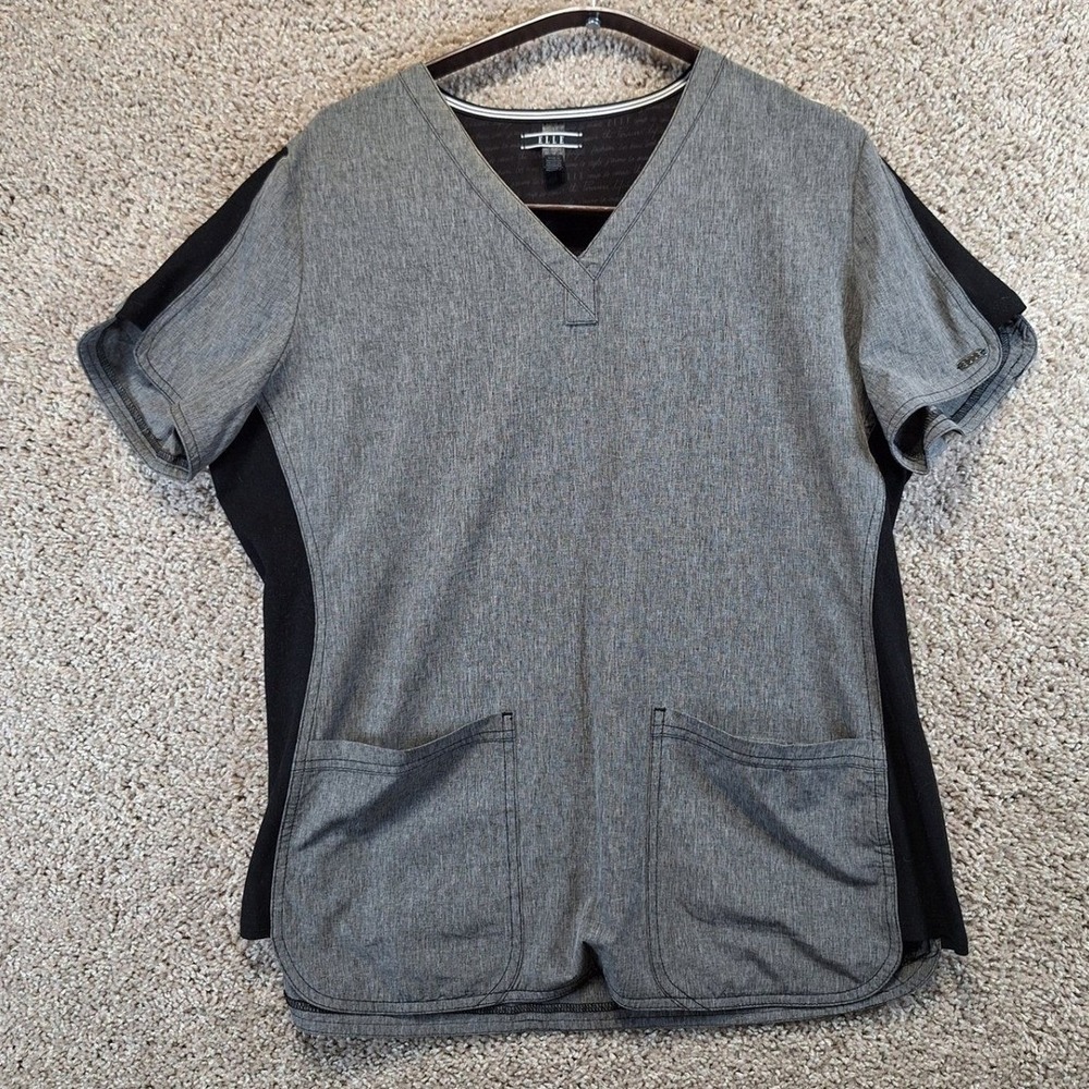 ELLE Medical Scrub Top Womens Medium Grey Black V-Neck Short Sleeve Work Uniform